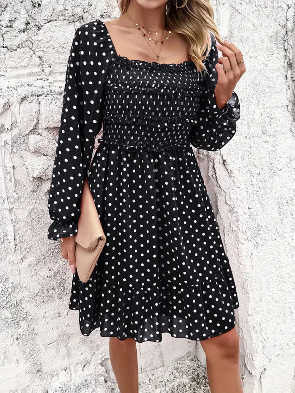 Women's Elegant Cuffed Sleeve Ruched Polka Dot Flowy Dress