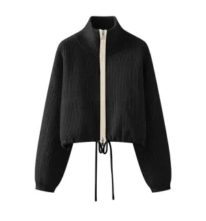 Zipper Knitted Cropeed Cardigans Autumn Winter Casual Stand Collar Loose Knit Women's Sweaters New in Knitwear C-309