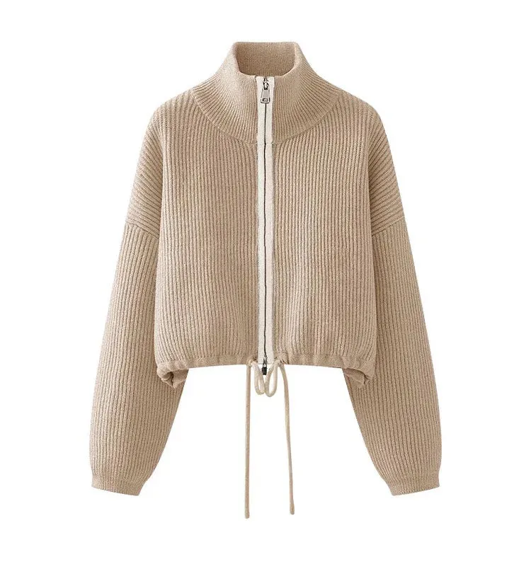 Zipper Knitted Cropeed Cardigans Autumn Winter Casual Stand Collar Loose Knit Women's Sweaters New in Knitwear C-309