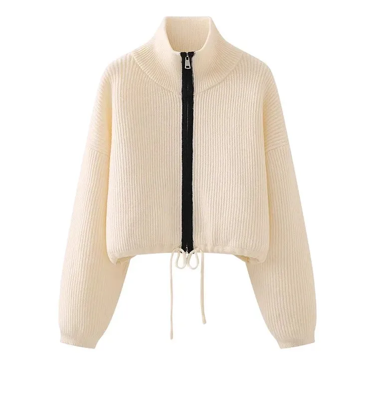 Zipper Knitted Cropeed Cardigans Autumn Winter Casual Stand Collar Loose Knit Women's Sweaters New in Knitwear C-309