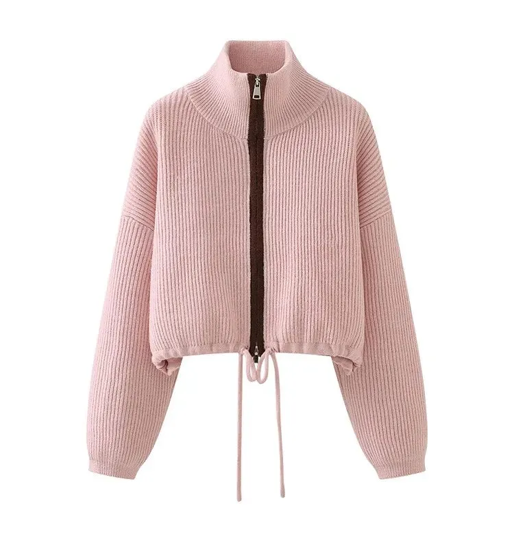 Zipper Knitted Cropeed Cardigans Autumn Winter Casual Stand Collar Loose Knit Women's Sweaters New in Knitwear C-309